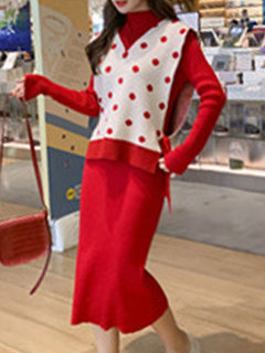 Sweater Stand Collar Two Tone Pattern Knitted Midi Dresses (Style V201862)