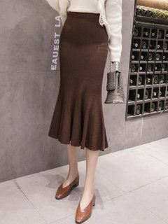 Mid-Calf Mermaid Office Knitted Plain Skirt (Style V201865)
