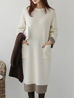 Sweater Round Neck Color Block Patchwork Polyester Midi Dresses (Style V201882)