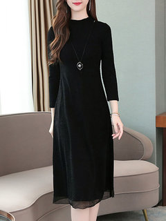 Basic Tunic Round Neck Double Decker Knitted Midi Dresses (Style V201883)