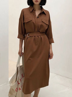 Tunic Shawl Collar Solid Color Sash Dacron Midi Dresses (Style V201884)