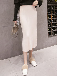 Mid-Calf Elegant Cut Out Knitted Plain Skirt (Style V201889)