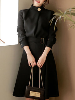 Office A-line Stand Collar Sash Dacron Midi Dresses (Style V201891)