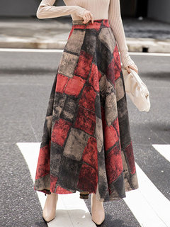 Ankle Length A-line Slow Life Pattern Color Block Skirt (Style V201900)