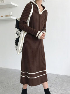 Straight Hooded Color Block Pattern Knitted Midi Dresses (Style V201906)