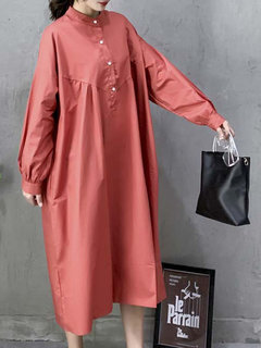 Cute Shift Round Neck Solid Color Cotton Midi Dresses (Style V201910)