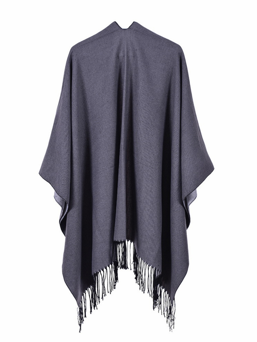 Gray Elegant Plain Cashmere Tassel Cape (Style V201923) VEDACHIC