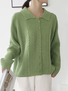 Polo Neck Standard Date Night Plain Button Sweater (Style V201928)