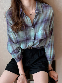 Midi Western Plaid Polyester Button Blouse (Style V201932)