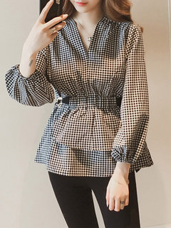V-neck Slim Date Night Polyester Belt Blouse (Style V201933)