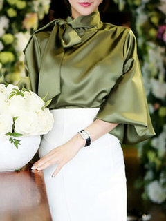 Stand Collar Loose Date Night Plain Button Blouse (Style V201934)