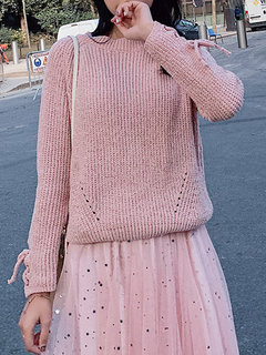 Round Neck Standard Loose Date Night Plain Sweater (Style V201936)