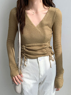 V-neck Standard Slim Plain Knitted Sweater (Style V201941)