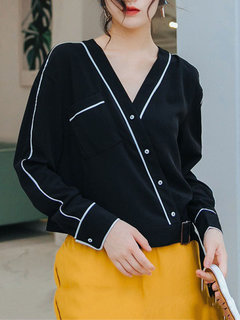 V-neck Standard Fashion Polyester Asymmetrical Blouse (Style V201946)