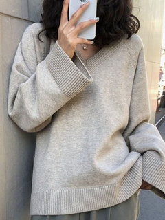 V-neck Loose Party Plain Polyester Sweater (Style V201947)