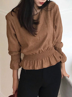 Round Neck Standard Loose Date Night Cotton Blends Blouse (Style V201950)