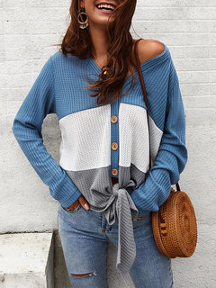 Loose Date Night Color Block Polyester Button Blouse (Style V300063)