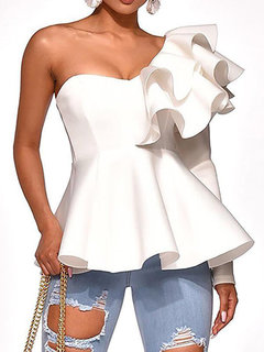 Asymmetric Slim Date Night Plain Cascading Ruffle T Shirt (Style V300095)