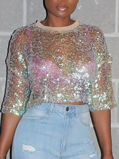 Round Neck Short Slim Date Night Plain Blouse (Style V300097)