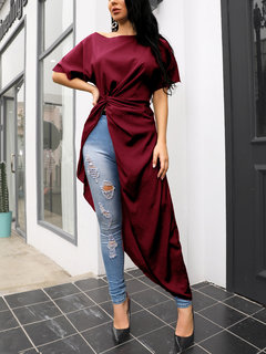 Boat Neck Fashion Plain Cellulose Acetate Fibre Ruffle T Shirt (Style V300123)