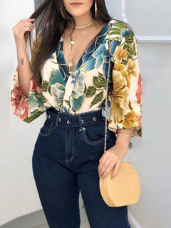V-neck Short Floral Polyester Pattern Blouse (Style V300171)