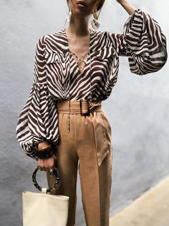 V-neck Short Elegant Cotton Pattern Blouse (Style V300289)