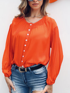 Round Neck Short Date Night Polyester Button Blouse (Style V300302)