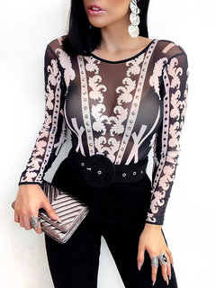 Skinny Elegant Floral Dacron Pattern Blouse (Style V300303)