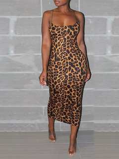 Bodycon Off The Shoulder Leopard Pattern Polyester Bodycon Dresses (Style V300311)