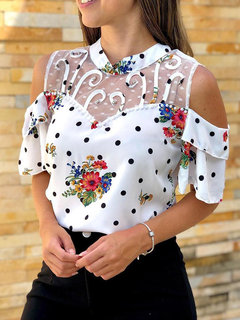 Stand Collar Standard Loose Floral Polyester Blouse (Style V300318)