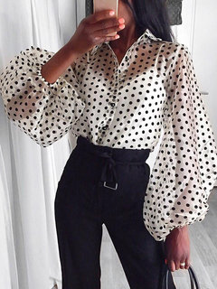 Shirt Collar Loose Elegant Polka Dot Pattern Blouse (Style V300327)