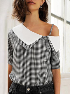 Standard Straight Elegant Plaid Patchwork Blouse (Style V300363)