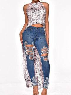 Ankle Length Straight Elegant Floral Polyester Blouse (Style V300372)