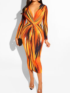 Sexy Deep V Neck Striped Pattern Dacron Bodycon Dresses (Style V300439)