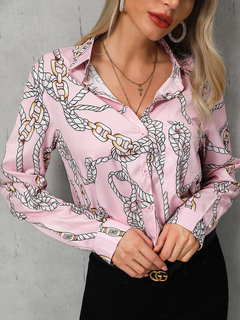 Shirt Collar Standard Elegant Floral Dacron Blouse (Style V300445)