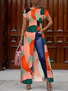 A-line Round Neck Geometric Pattern Polyester Maxi Dresses (Style V300462)