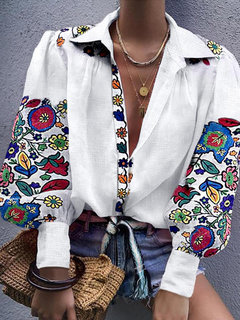 Shawl Collar Loose Fashion Polyester Pattern Blouse (Style V300481)