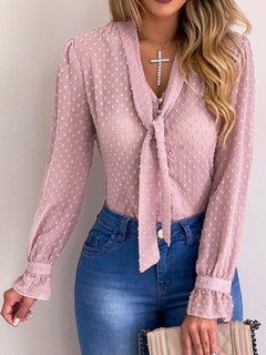 V-neck Standard Slim Date Night Polyester T Shirt (Style V300517)