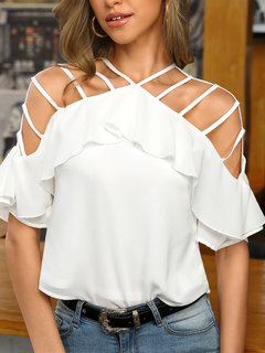 Off The Shoulder Loose Fashion Plain Polyester T Shirt (Style V300532)