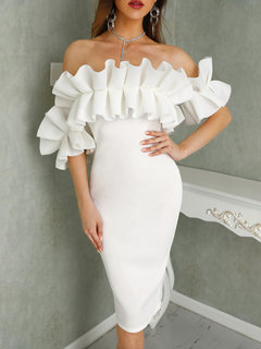 Party Tube Solid Color Wavy Edge Polyester Knee Length Dresses (Style V300540)