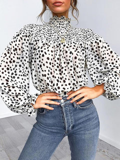 Stand Collar Loose Leopard Polyester Ruffle T Shirt (Style V300560)