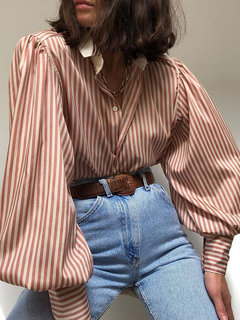 Shawl Collar Standard Loose Polyester Button Blouse (Style V300603)