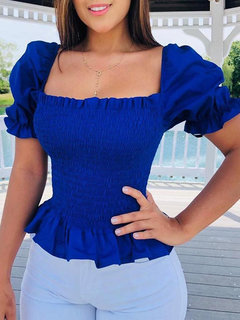 Boat Neck Short Skinny Plain Polyester T Shirt (Style V300638)