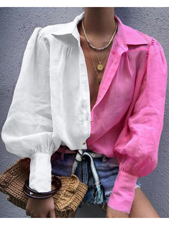 Shirt Collar Standard Color Block Polyester Button Blouse (Style V300754)