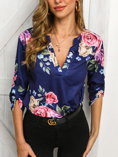 V-neck Standard Date Night Floral Polyester Blouse (Style V300808)