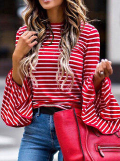 Round Neck Standard Slim Cotton Blends Ruffle Blouse (Style V300849)