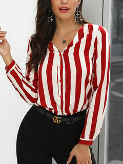 V-neck Standard Striped Polyester Button Blouse (Style V300858)