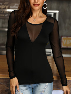 Round Neck Slim Date Night Polyester See-Through Blouse (Style V300861)