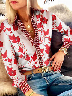 Shirt Collar Standard Plants Polyester Pattern Blouse (Style V300915)