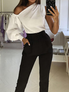 Asymmetric Straight Fashion Plain Asymmetrical Blouse (Style V300923)